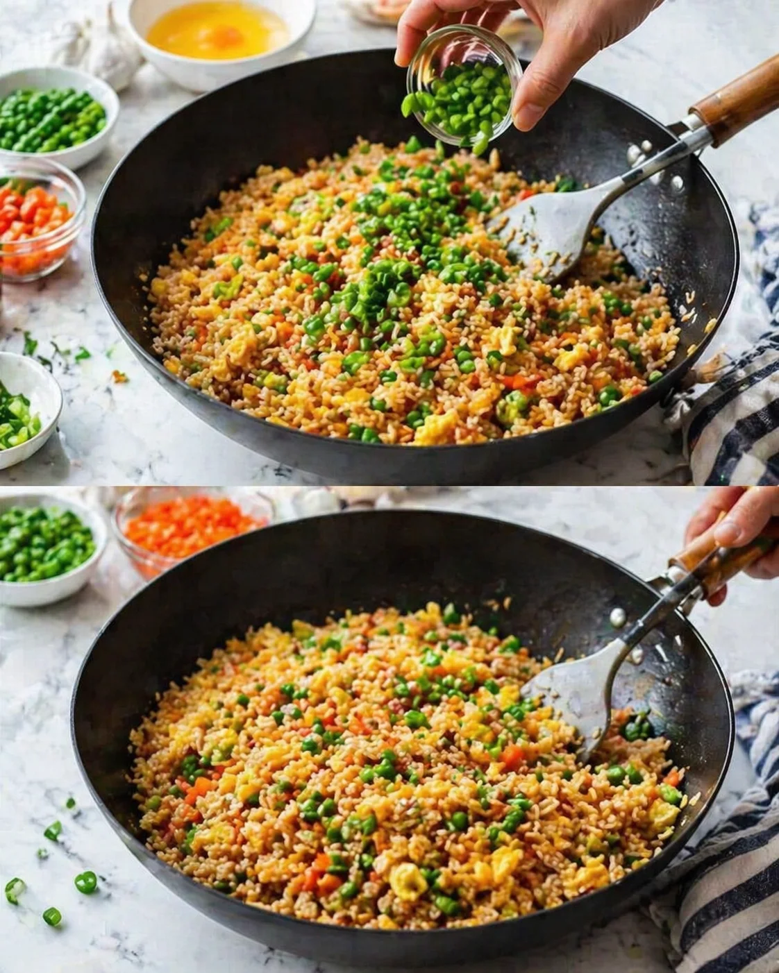 hands adding chopped green onions to a wok of colorful fried rice with peas, carrots, corn