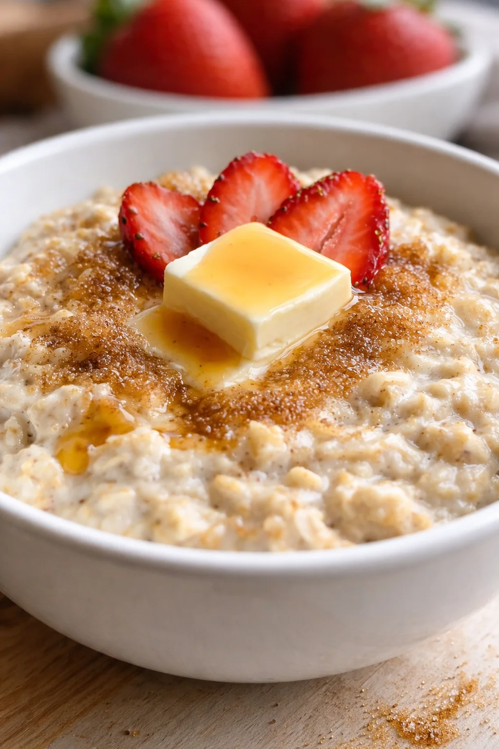 Creamy oatmeal topped with melting butter and strawberry slices in a white bowl.