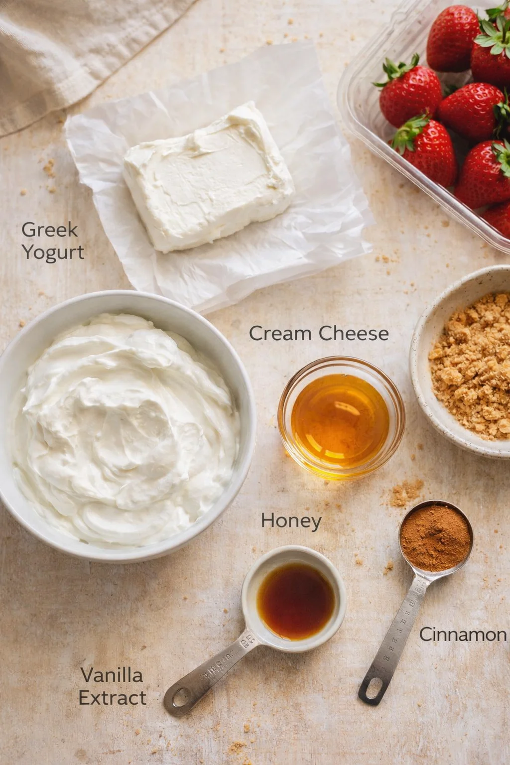 top-down shot of ingredients: greek yogurt, cream cheese, strawberries, honey, vanilla, cinnamon on a light surface
