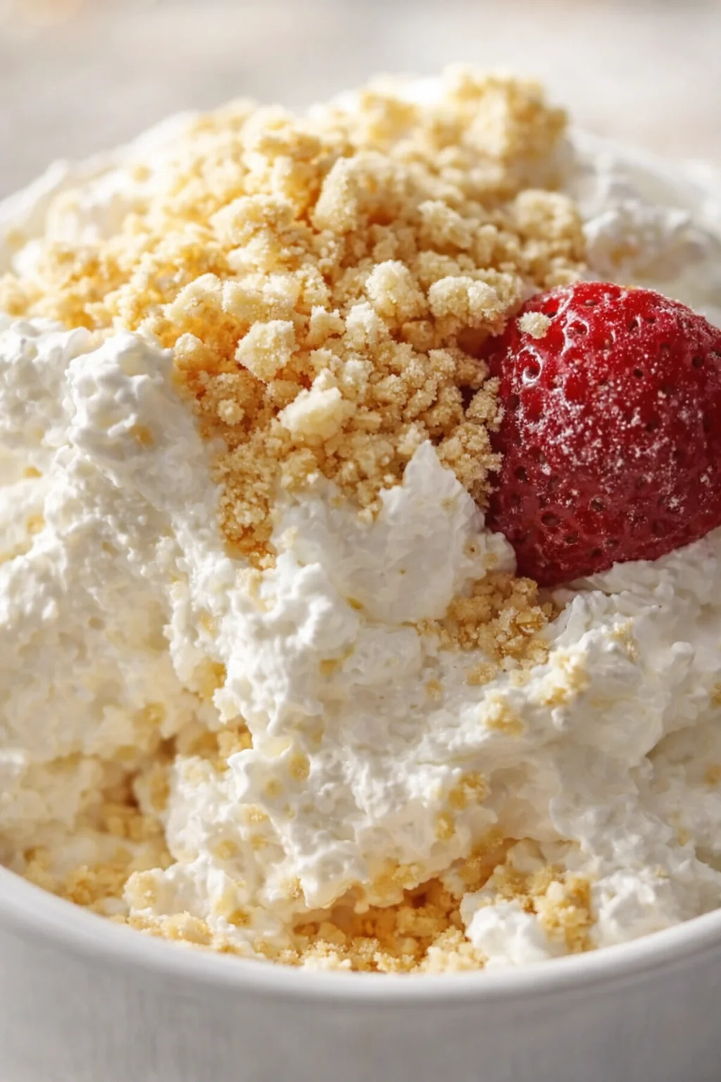 Close-up of whipped cream with crumb topping and a dusted strawberry in a white bowl.