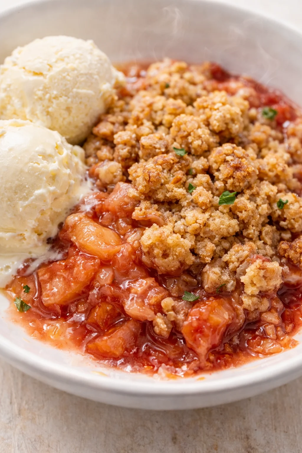 Two scoops of vanilla ice cream beside warm strawberry crumble in a metal bowl, steam rising.