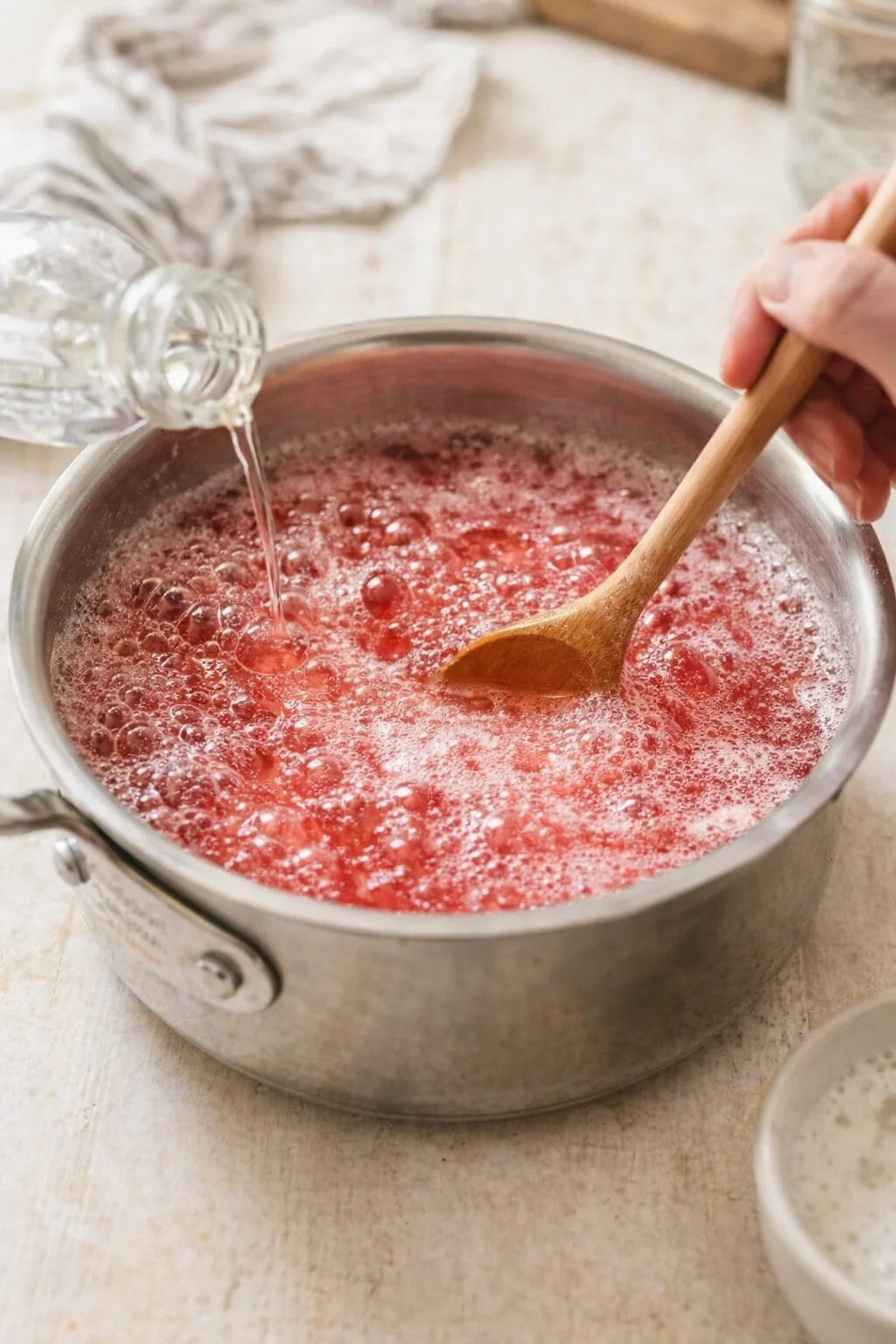 hand stirring strawberry jam in a metal pot on a wooden kitchen counter