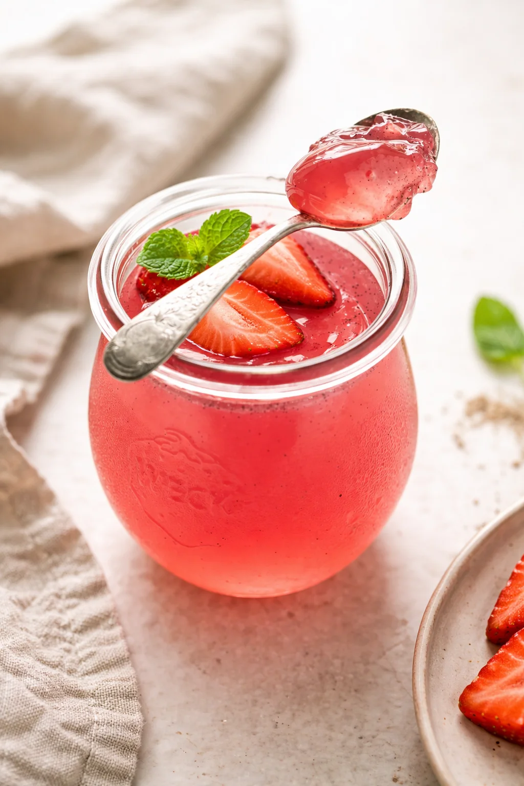 Bright pink strawberry beverage in a glass jar, garnished with strawberry slices and mint.