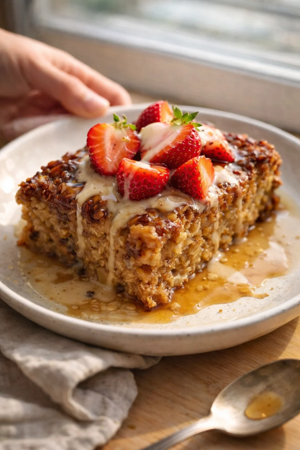 Thick nutty cake slice drizzled with caramel glaze, topped with strawberry halves on a light plate.