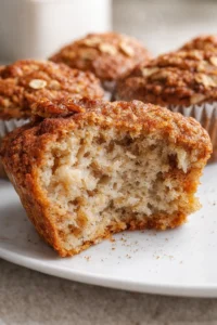 Close-up of a cut streusel-topped banana muffin with a moist crumb on a white plate.