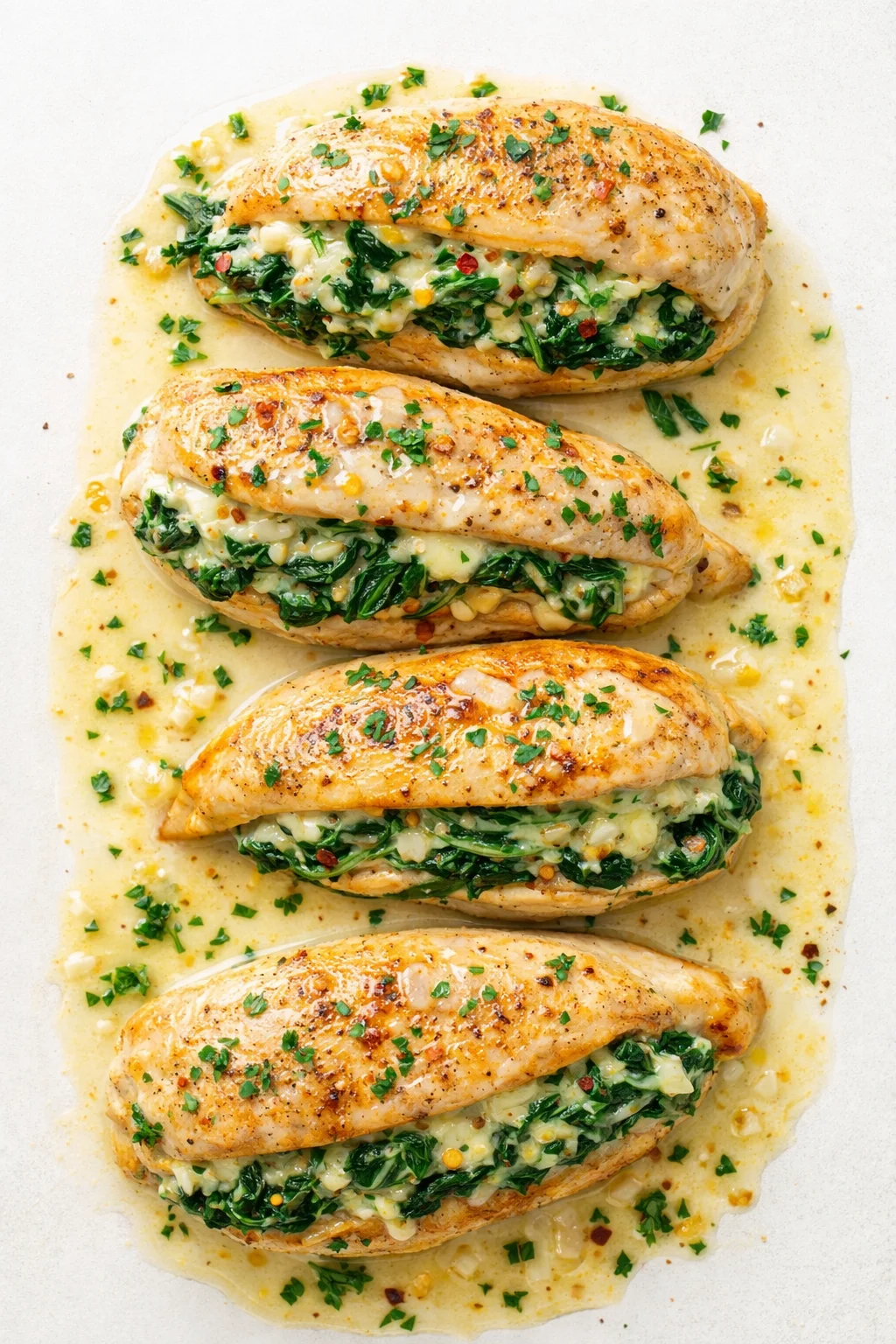 Four browned chicken breasts stuffed with spinach and cheese, served in a creamy sauce.