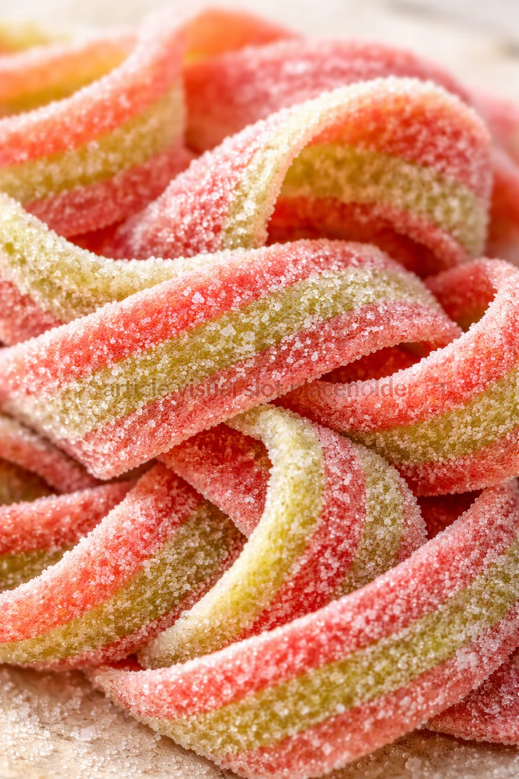 Close-up of pink and lime-yellow sugar-coated candy twists piled together.