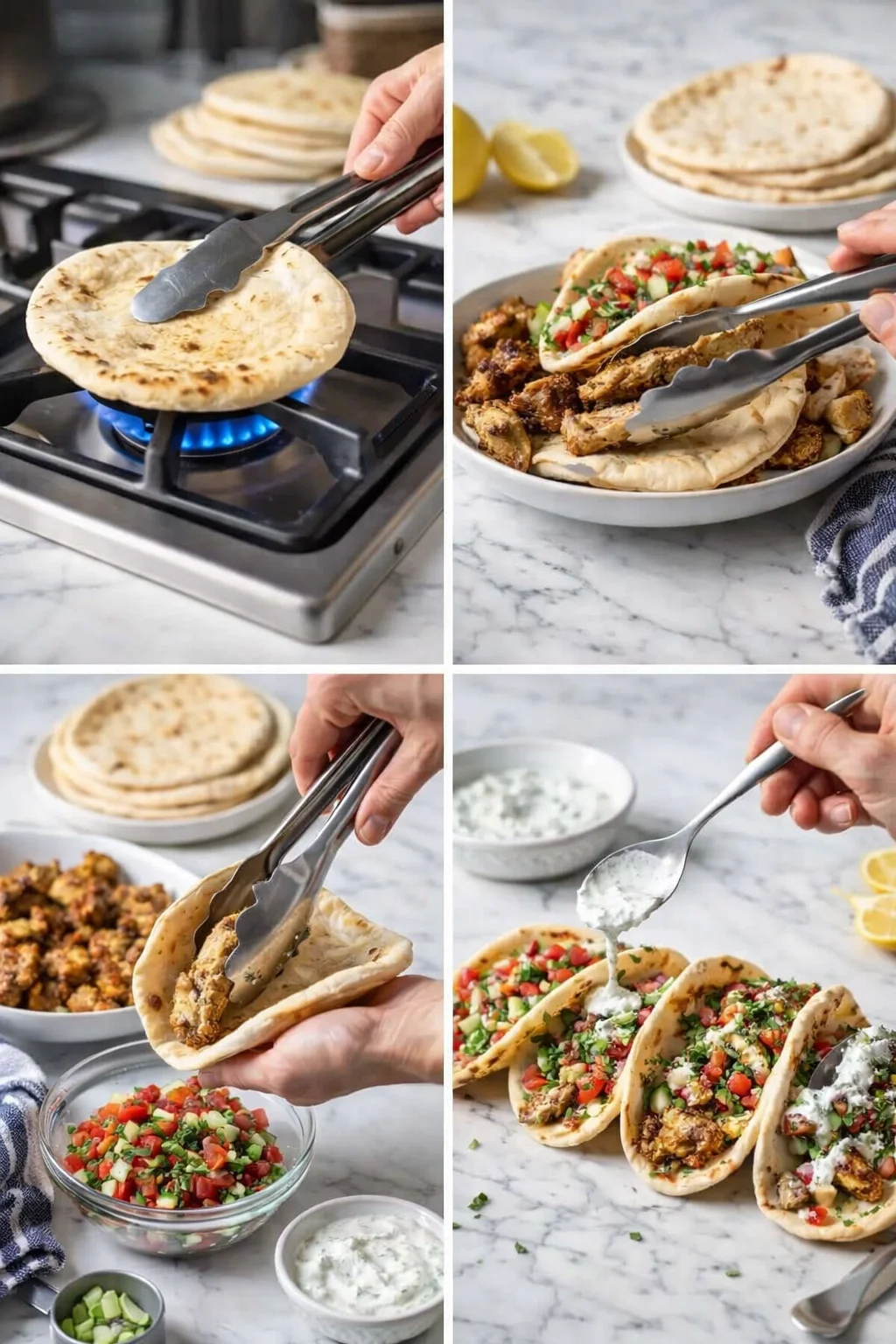 collage showing tortillas being heated, filling added, and tacos being assembled with toppings
