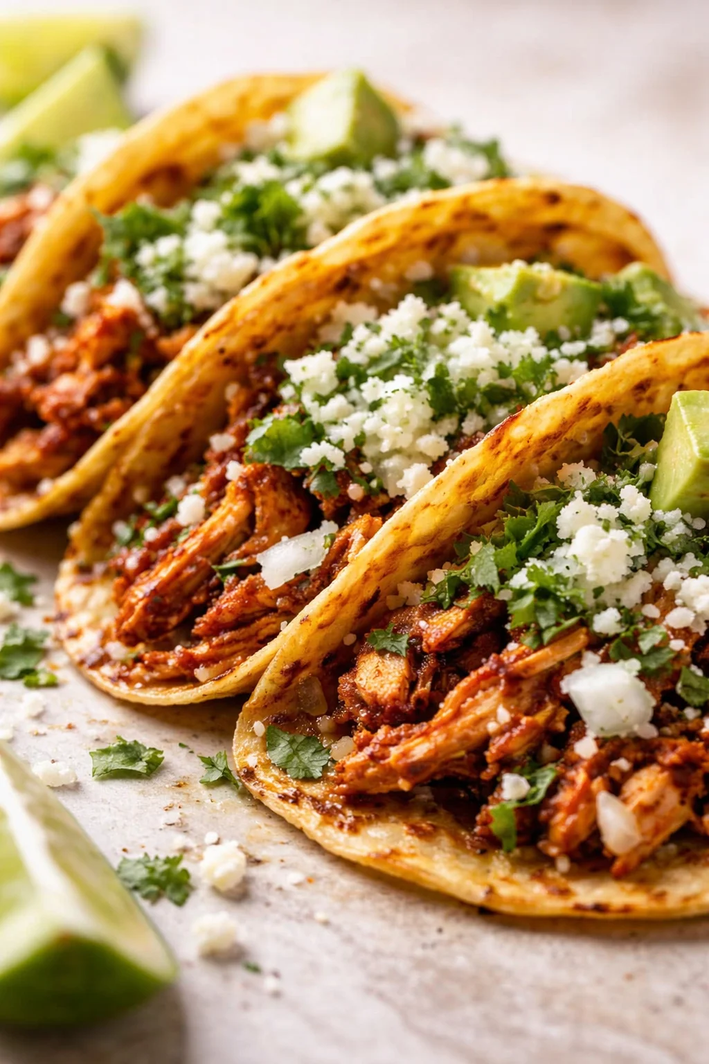 three grilled-tortilla tacos with spiced shredded meat, cotija cheese, cilantro, avocado, and lime