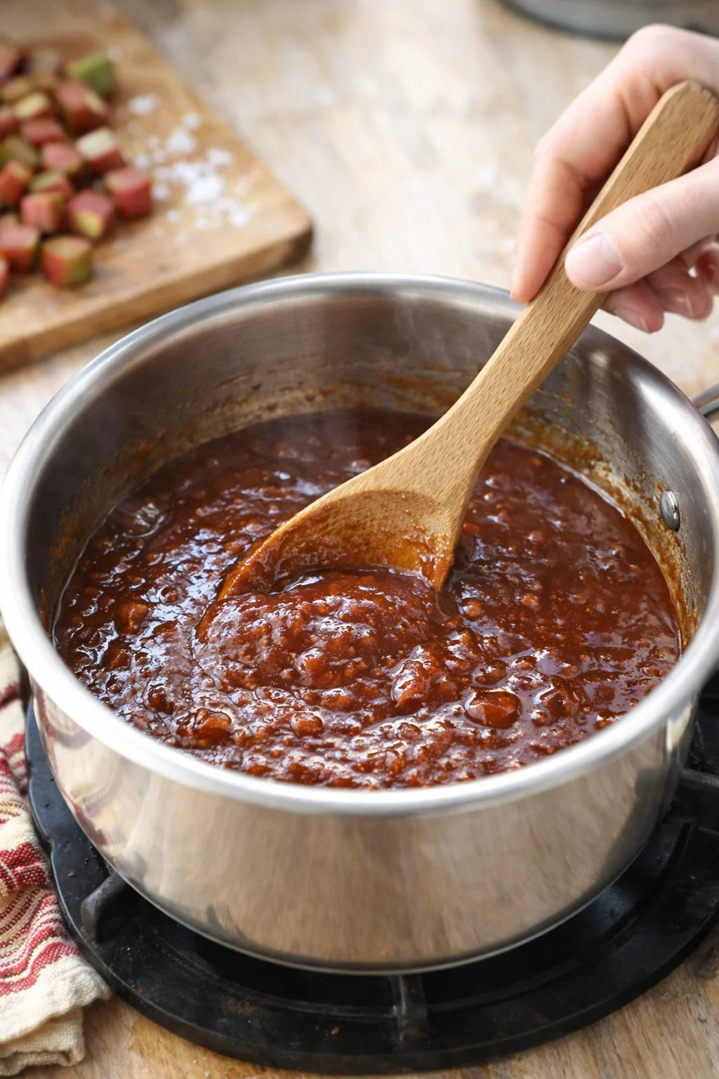 A chunky, glossy barbecue sauce simmers in a stainless pot as a wooden spoon stirs.
