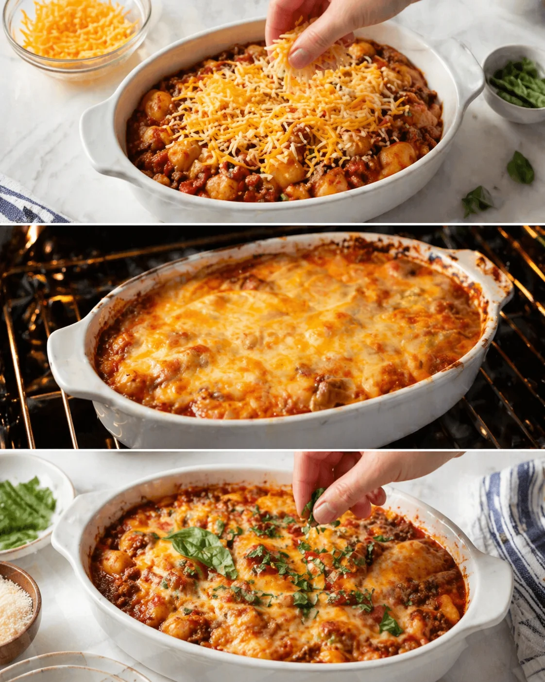 collaged view of a meatball pasta bake being prepared, baked, and garnished with cheese and herbs.