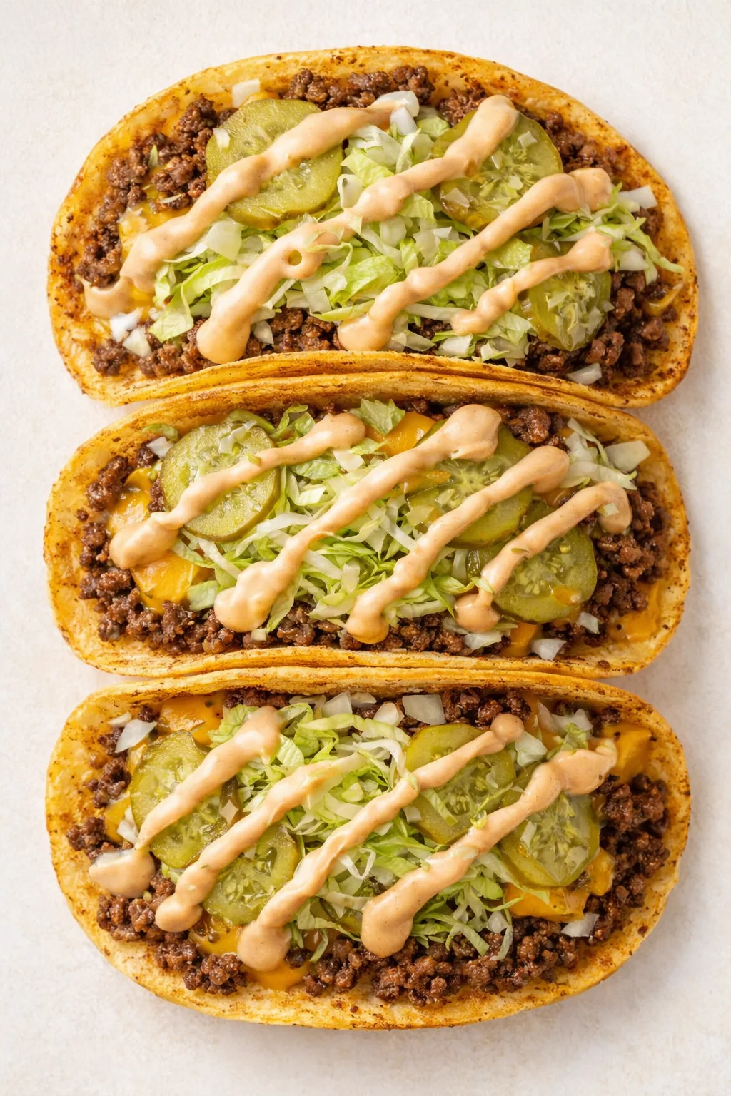 Overhead view of three loaded hot dogs with beef, pickles, lettuce, and sauce.