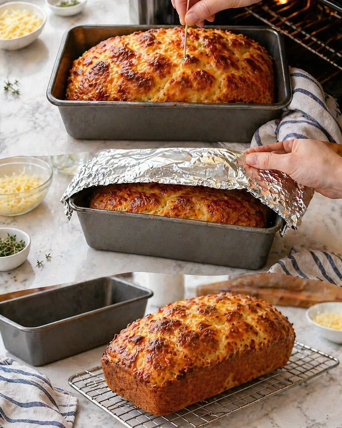 Three-panel kitchen-shot of a cheesy bread loaf baking, unwrapping foil, and cooling on a rack.
