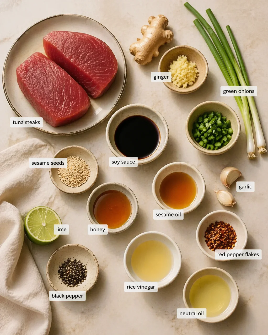 Overhead shot of tuna steaks with labeled ingredients and bowls of sauces on a beige countertop.