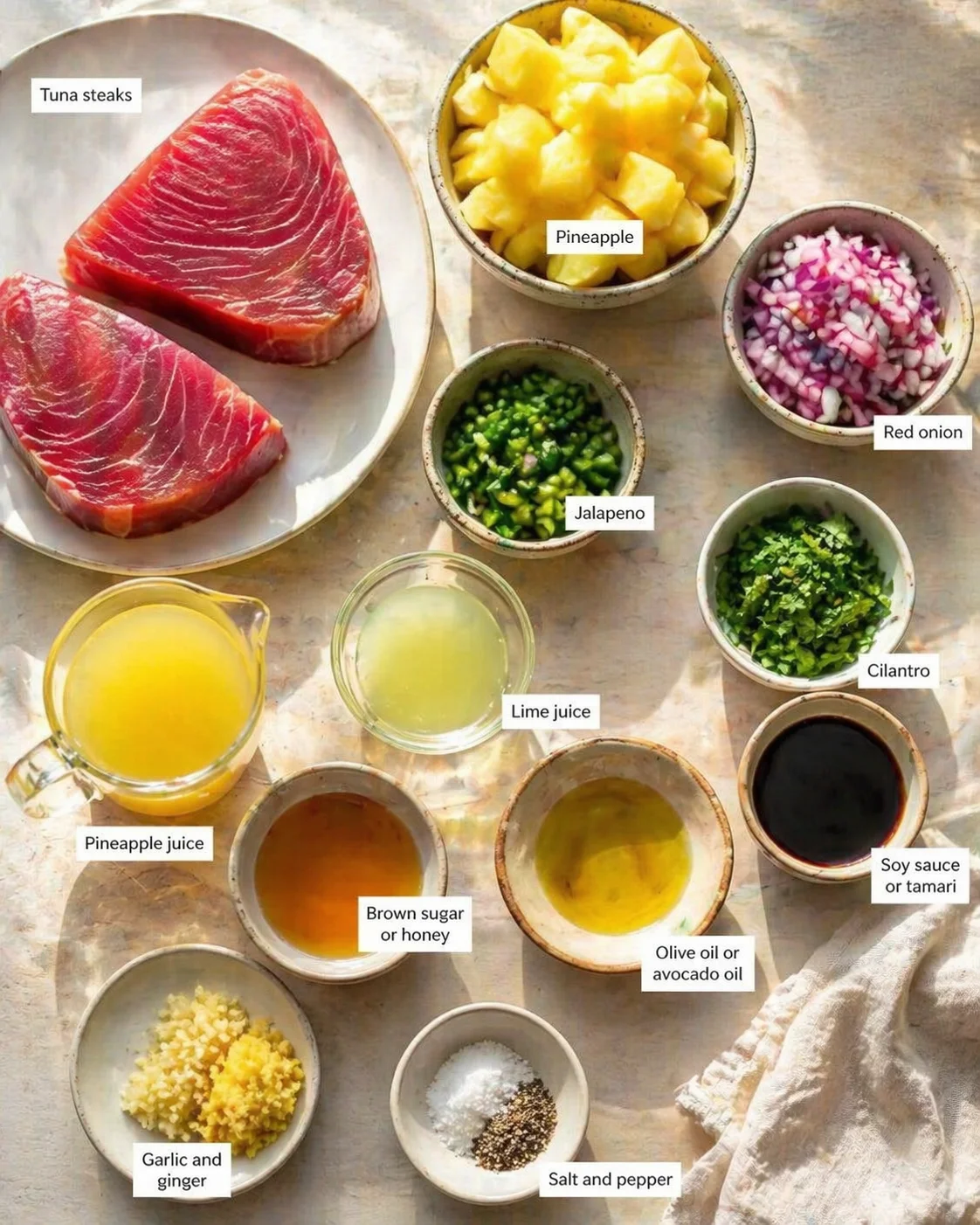 Overhead view of tuna steaks with bowls labeled pineapple, jalapeño, onion, cilantro, and condiments.