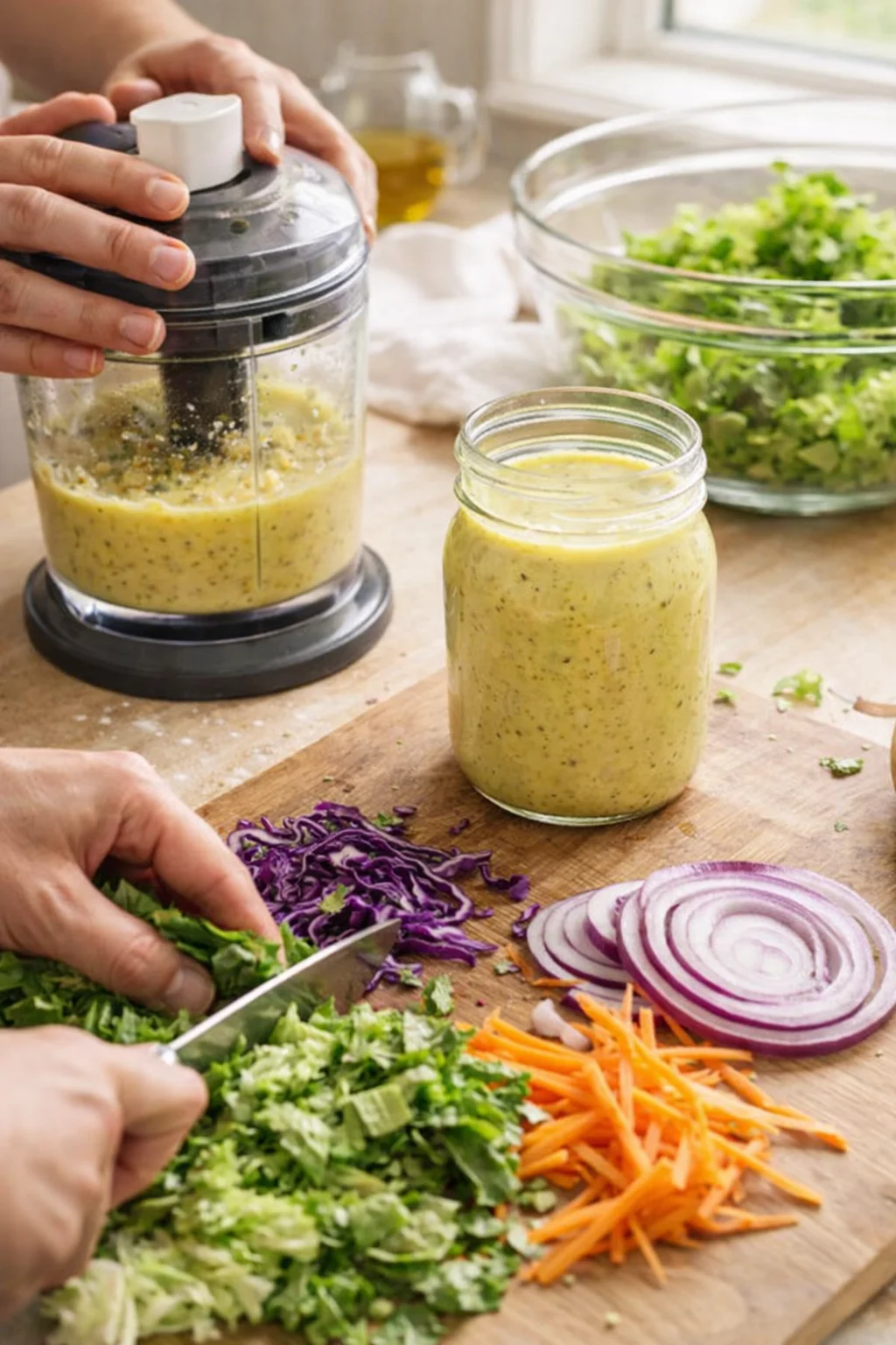 Hands chopping greens on a wooden board beside a blender and jar of dressing.
