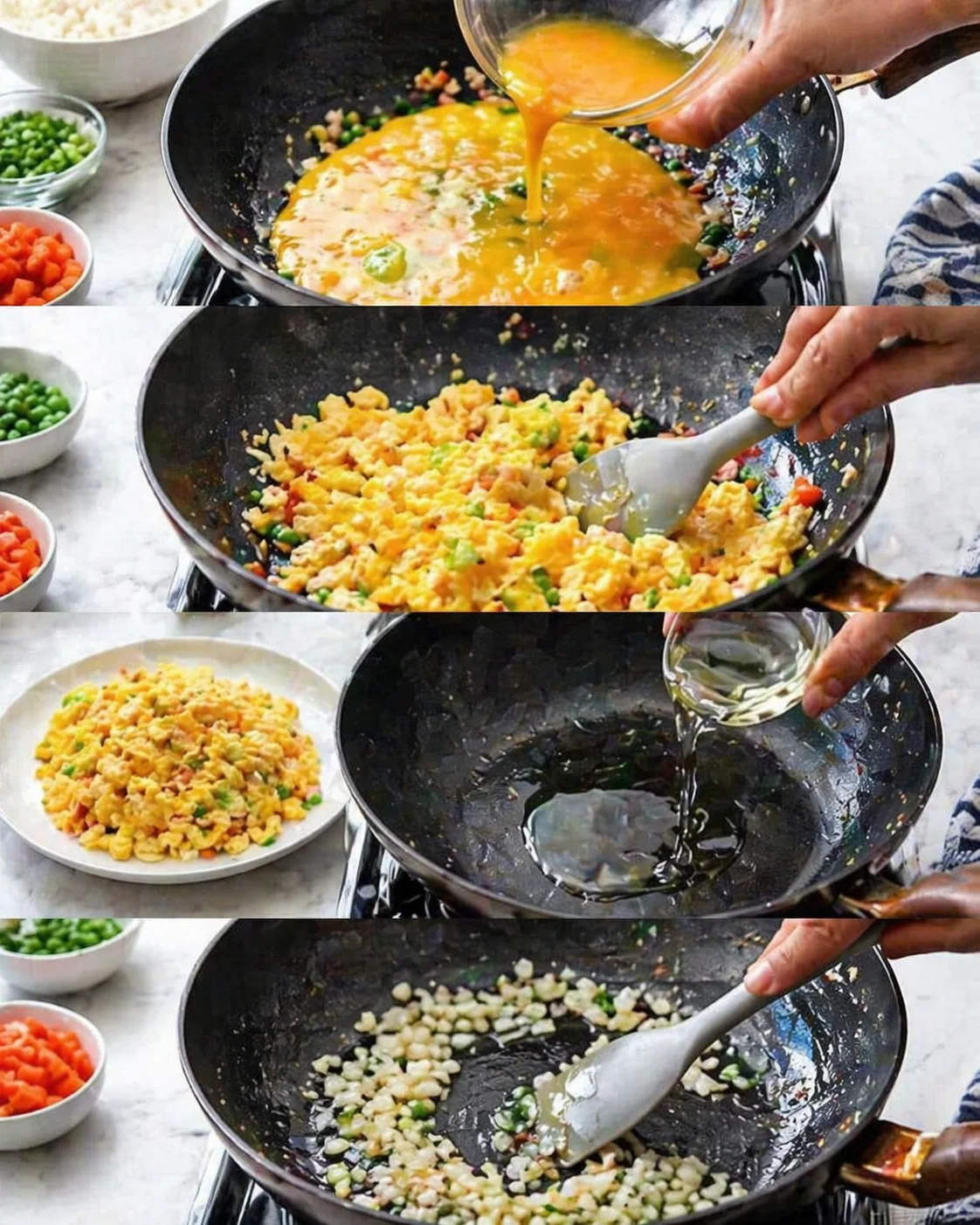 collage of a wok cooking eggs with vegetables and a plated finish, showing a step-by-step motion