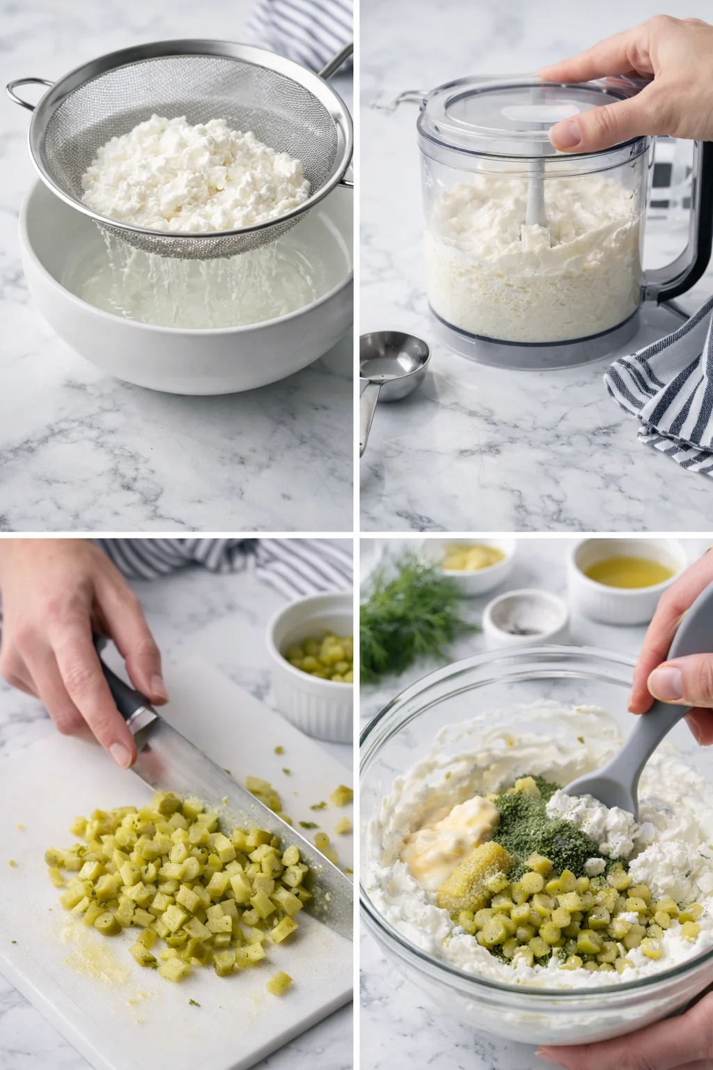 Collage showing cheese-straining, blending whipped ricotta, and chopped cucumber for a dill-dip.