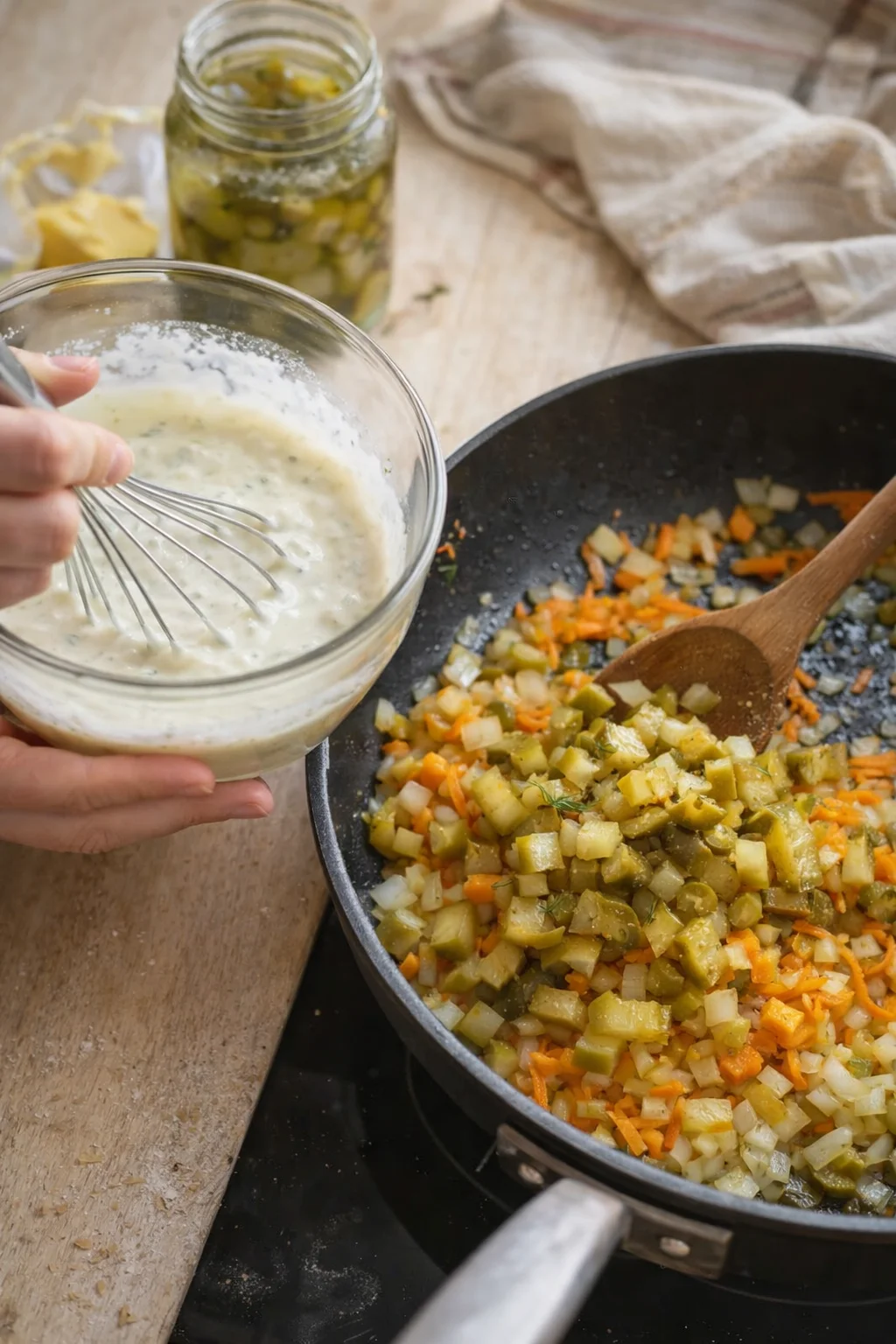 Hands whisk a bowl of creamy sauce beside a pan of diced potatoes, onions, and carrots.