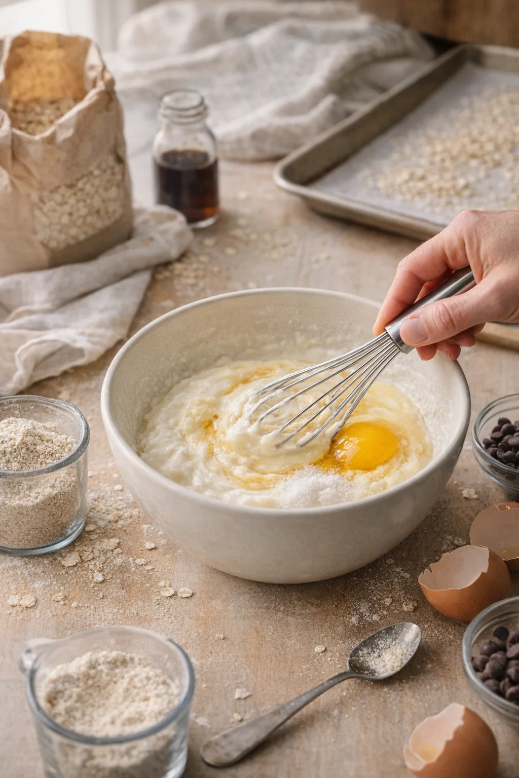 A hand whisks eggs into batter in a light-gray bowl, surrounded by oats, flour jars, and baking ingredients.
