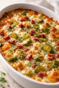baked zucchini and bacon cheese casserole in a white oval dish, golden and bubbly.