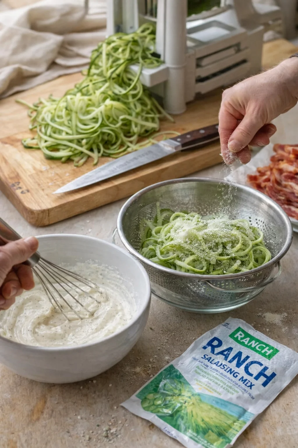 hands sprinkle cheese over zucchini noodles in a colander, with a whisked cream dressing and ranch mix nearby