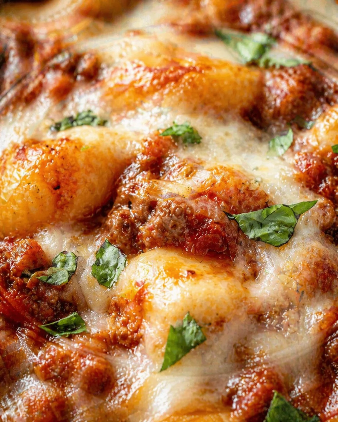 Tight detail shot of Cheesy Bolognese Gnocchi Bake highlighting texture
