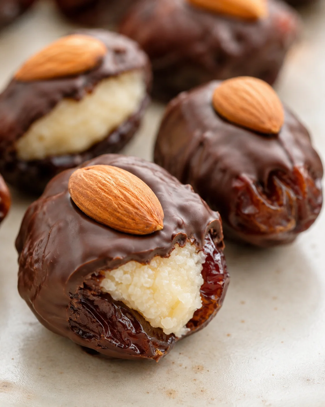 Close-up of chocolate-coated truffles topped with almonds, revealing a coconut filling.