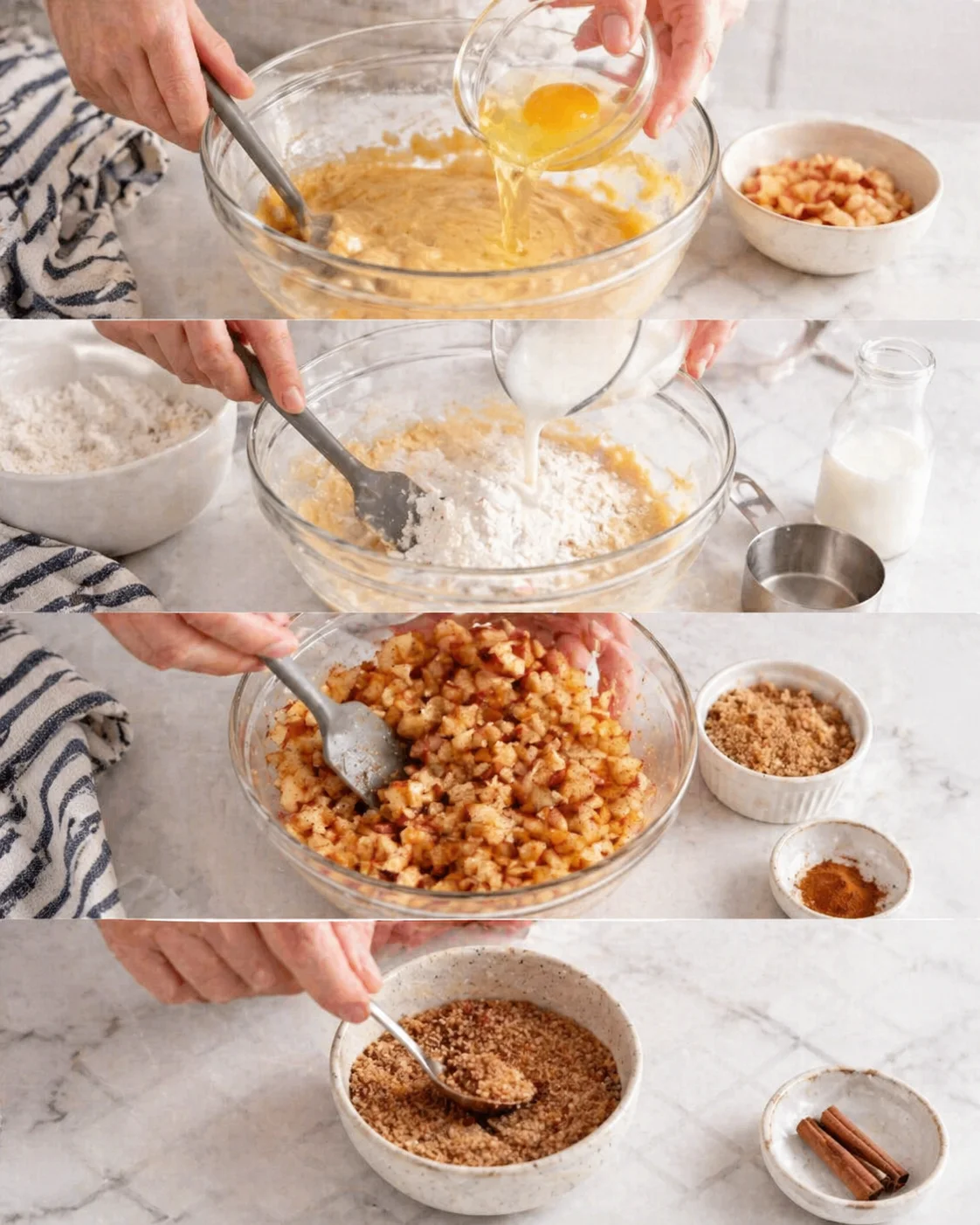 Four-panel steps showing apple crumble prep: batter mixing, adding milk and flour, diced apples, and crumb topping.