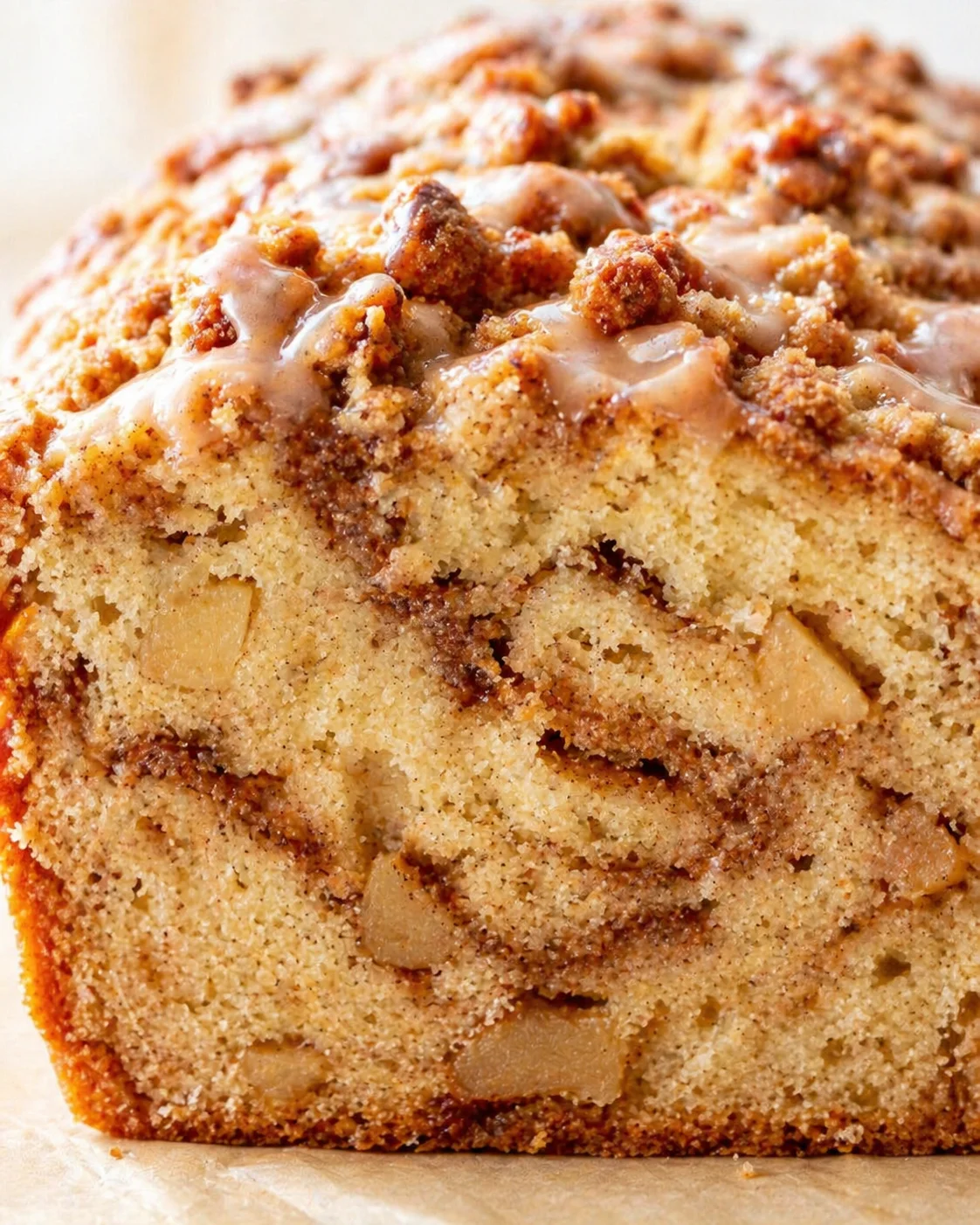 close-up of a dense apple-streusel coffee cake with crumb topping and glossy glaze.