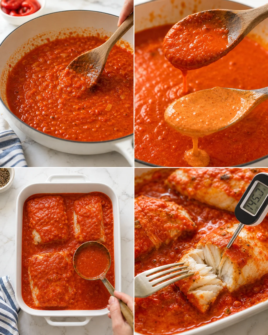 Four-panel collage: sauce simmering in pot, sauce dripping from spoon, fish in baking dish, thermometer checking doneness.