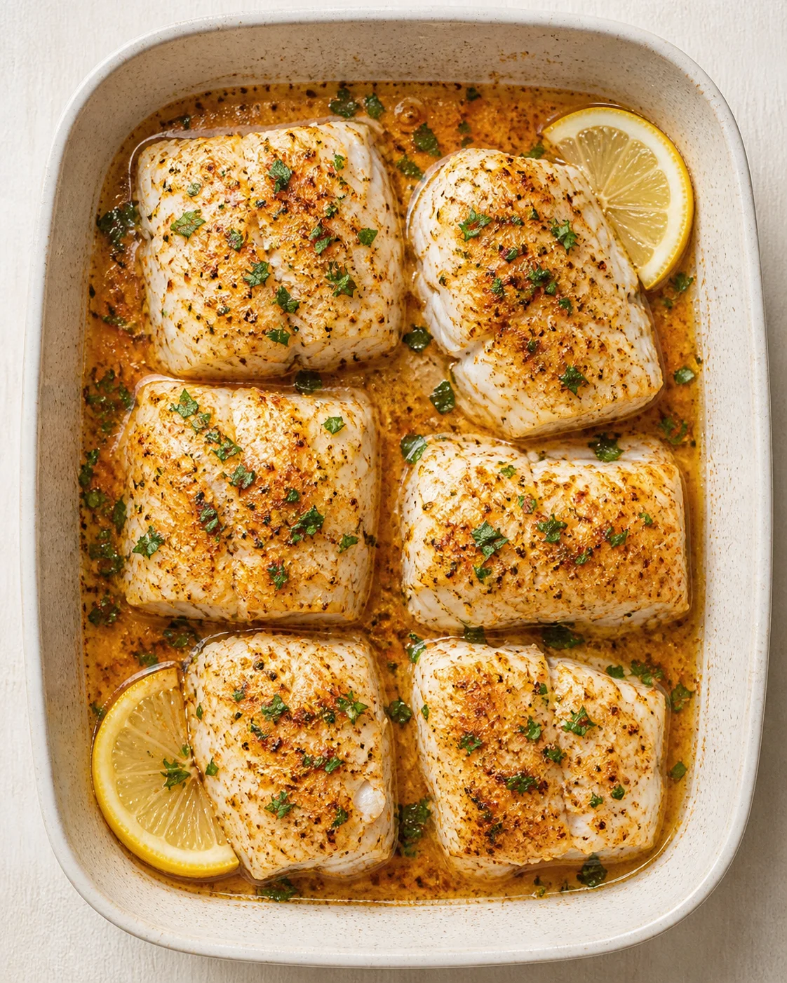six herb-crusted cod fillets in lemon sauce in a beige baking dish