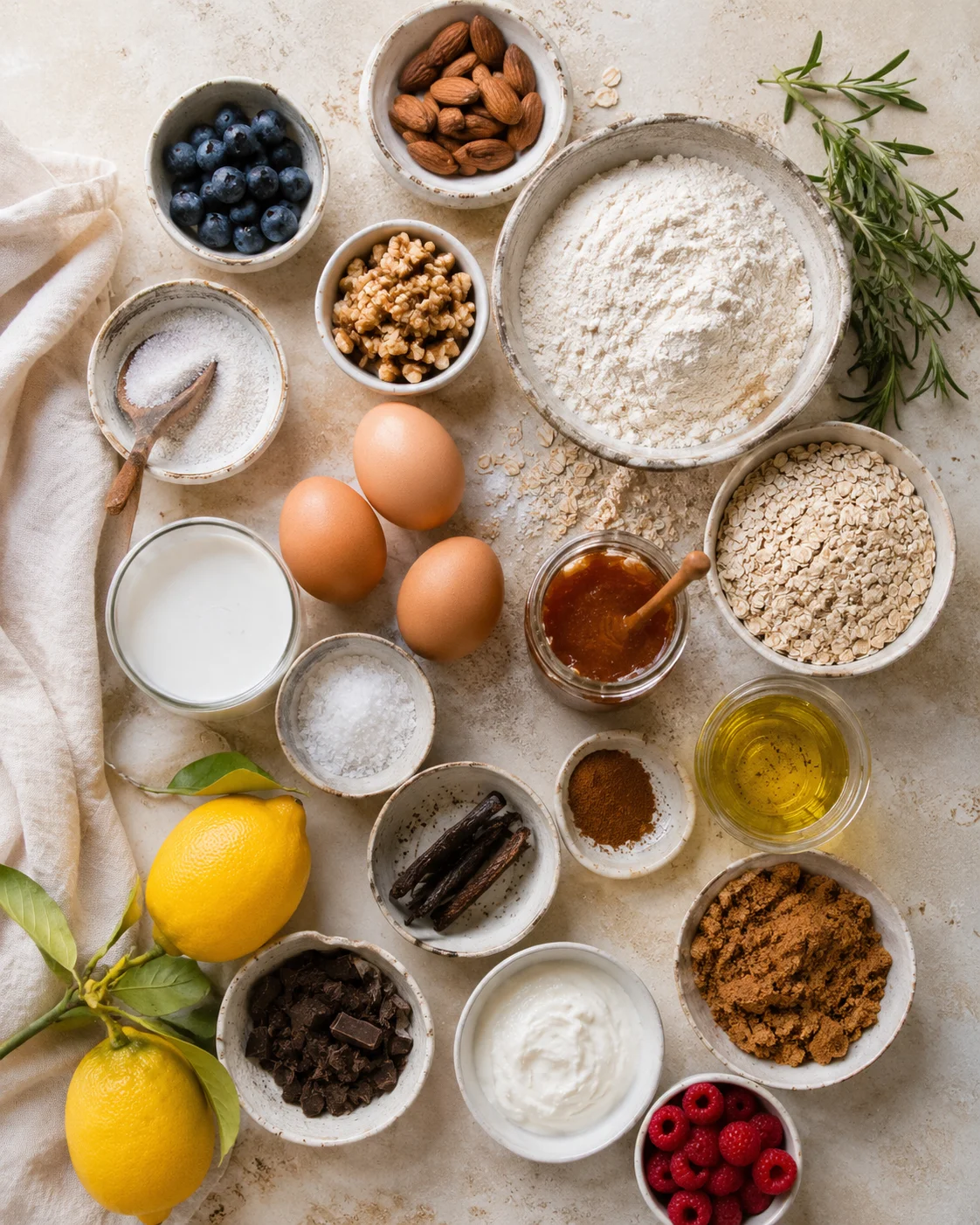 Overhead view of baking ingredients arranged on a light stone surface, including flour, eggs, fruit, and nuts.