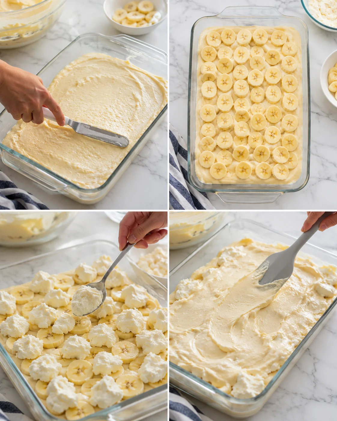 Four-panel collage showing banana dessert assembly: spreading batter, arranging banana slices, and dollops of cream.