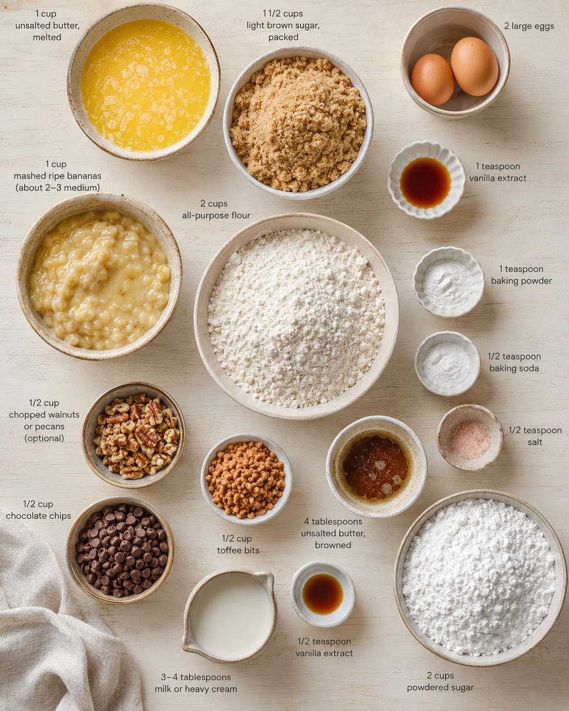 Top-down layout of baking ingredients in bowls with measurement labels for banana bread.