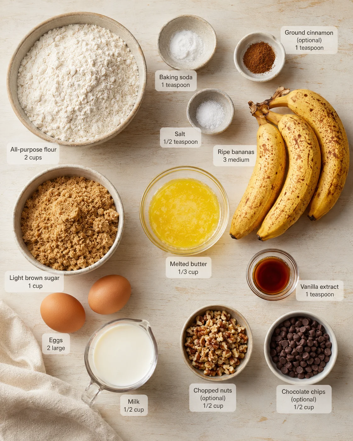 Top-down flatlay of banana bread ingredients arranged on a light wooden surface with labeled bowls and bananas.