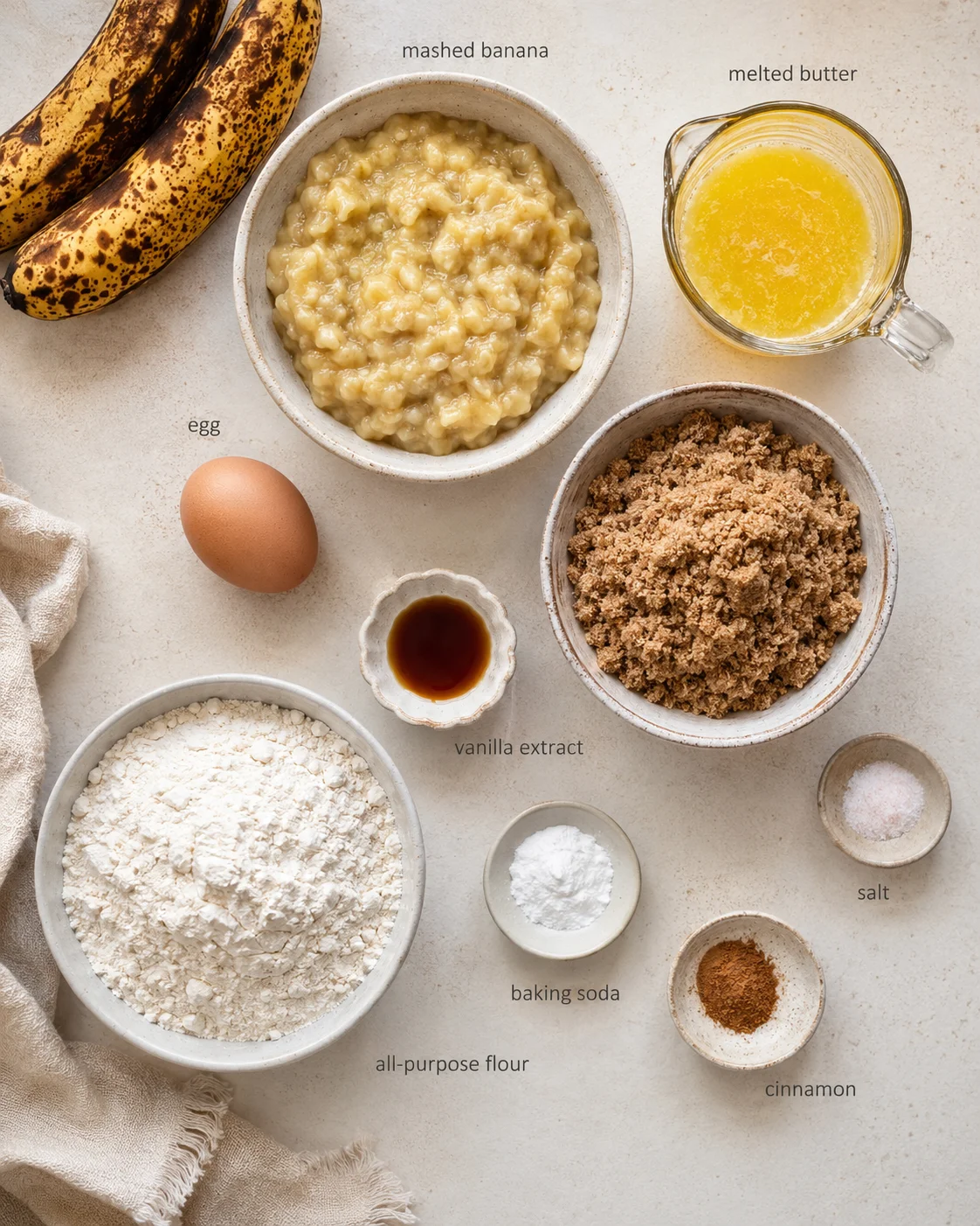 top-down view of banana bread ingredients arranged on a light countertop