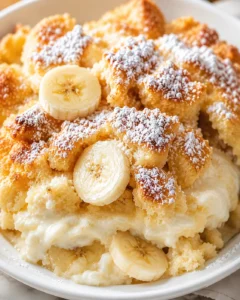 creamy banana-bread-pudding topped with powdered sugar and round banana slices.