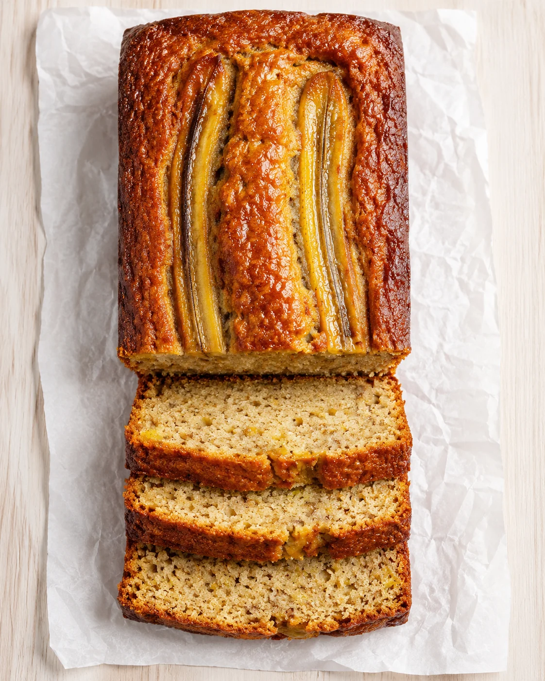 loaf of banana bread on parchment with caramelized banana slices on top