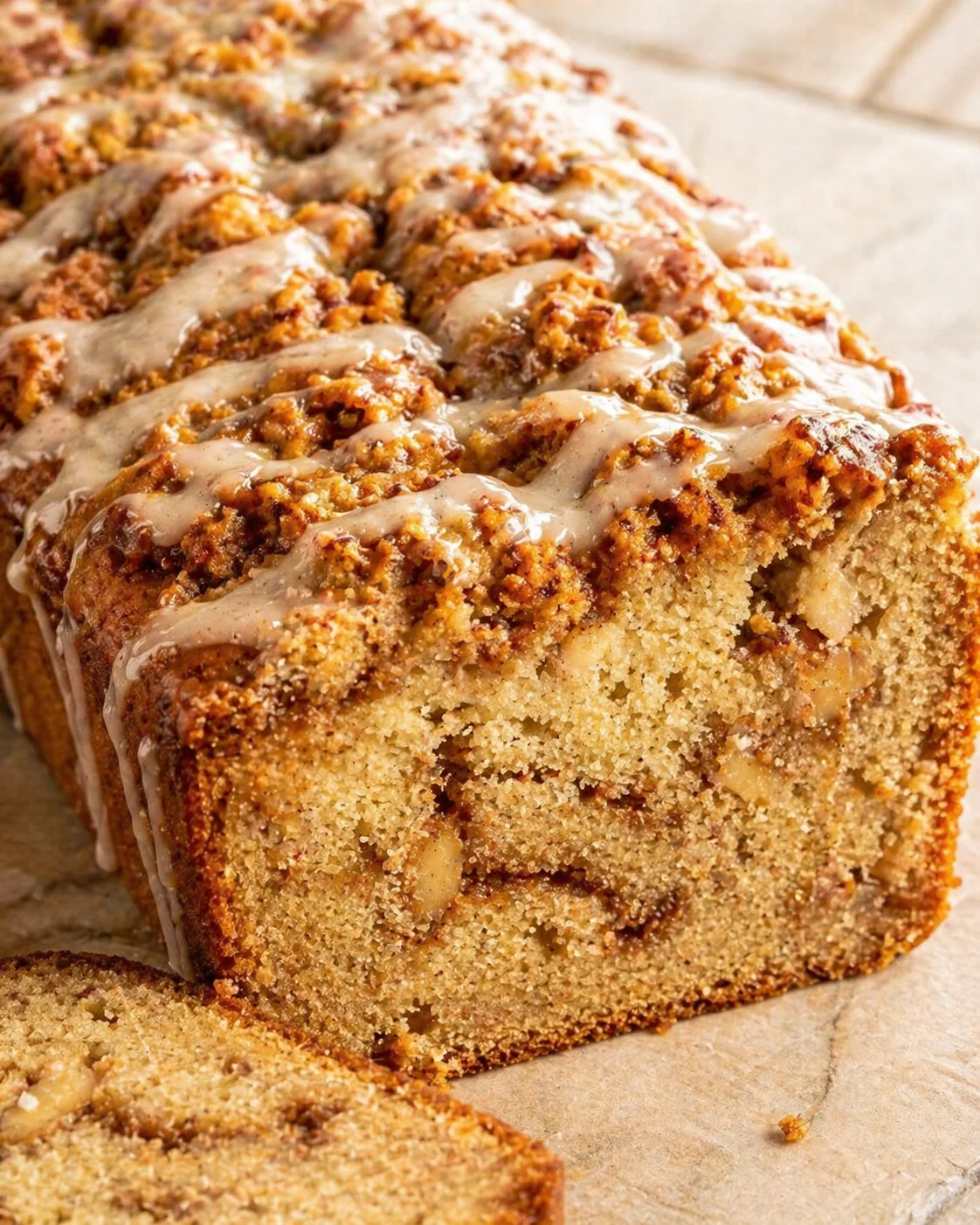 Close-up of a loaf cake with streusel topping and vanilla glaze, showing a moist interior.