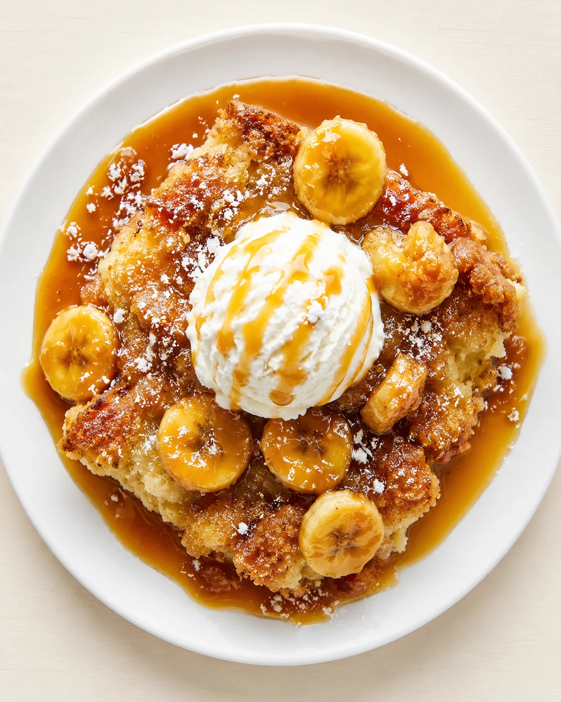 plated bread pudding with banana slices, vanilla ice cream, and caramel drizzle