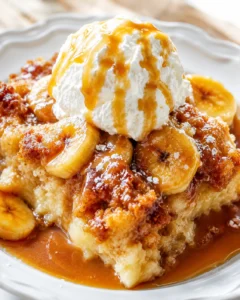 Bread pudding with caramelized bananas, whipped cream, and caramel drizzle on a white scalloped plate.