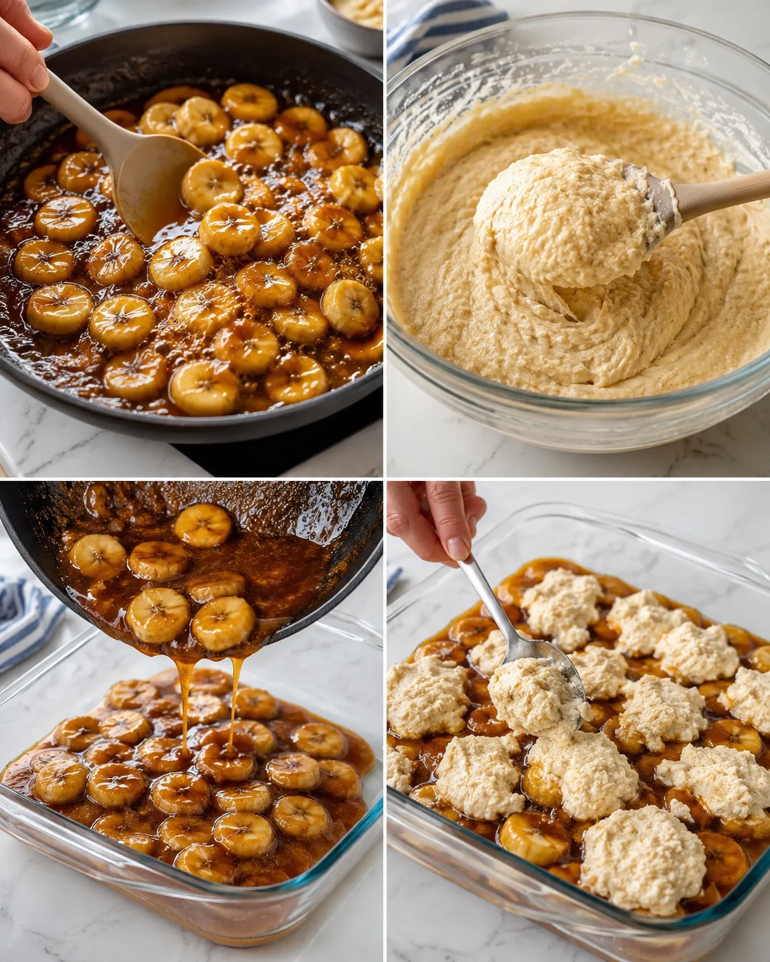 Four-panel collage of caramelized bananas, thick batter, pouring caramel into a dish, and topping dough.