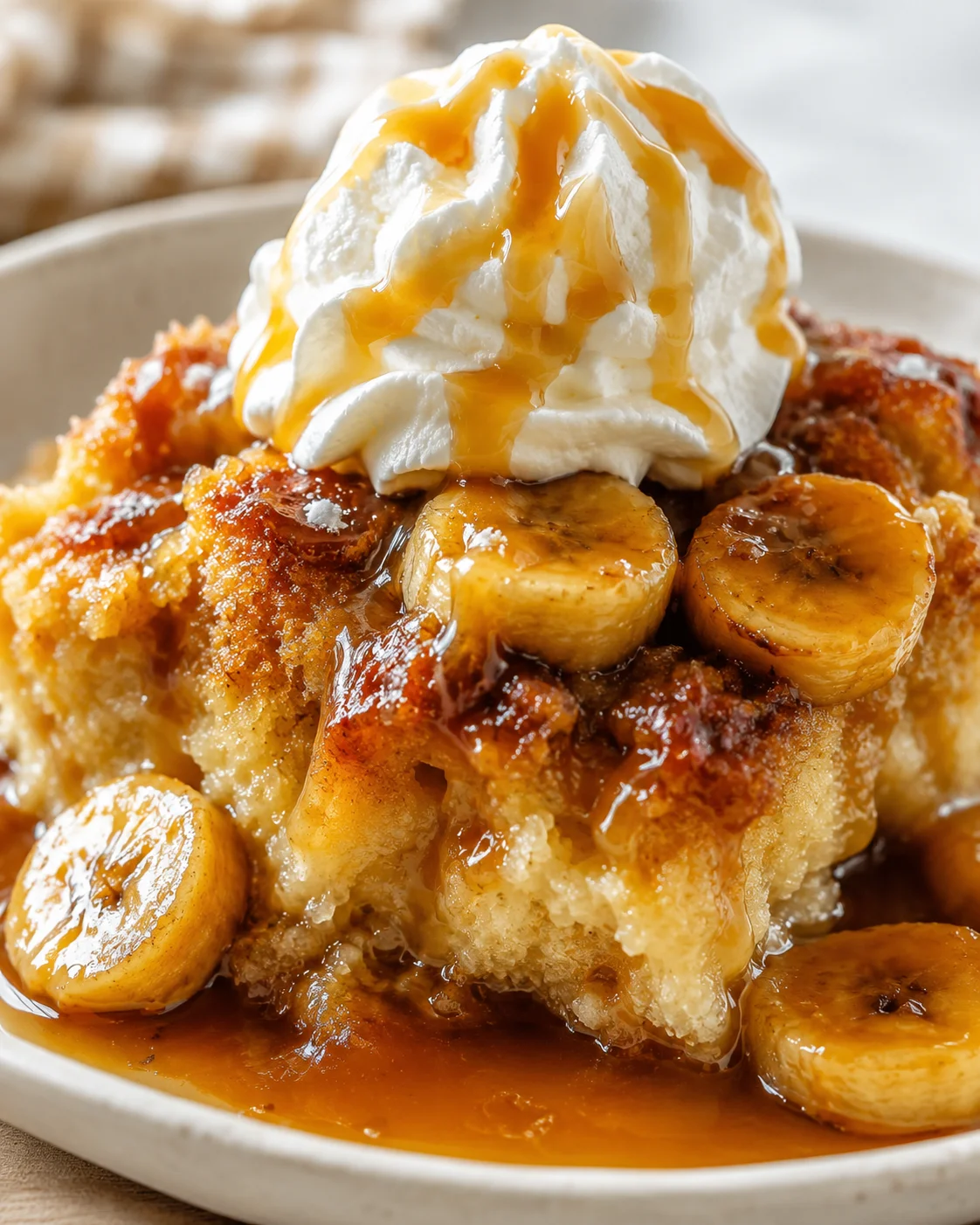 Banana slices with caramel sauce and whipped cream on a golden French toast dessert