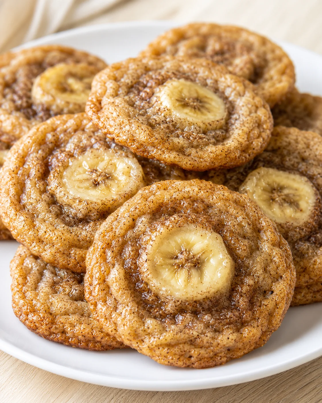 Golden-brown banana-centered cookies with a banana slice in the center, sugared, cinnamon-dusted, stacked on a white plate.