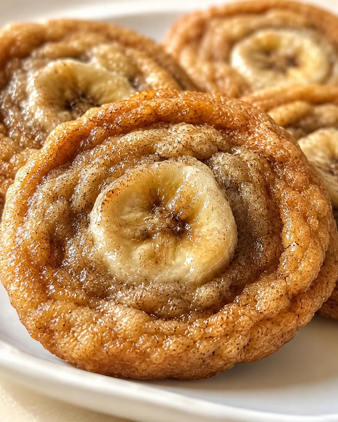 close-up of glossy cinnamon rolls with banana center on a white plate