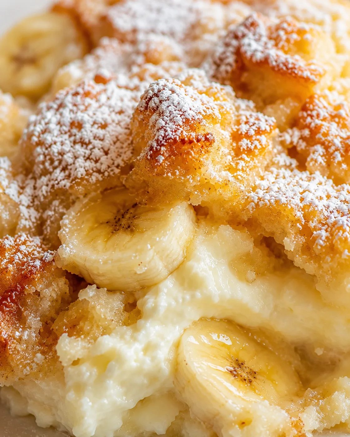 Close-up of golden bread pudding with banana slices, creamy filling, and powdered sugar.