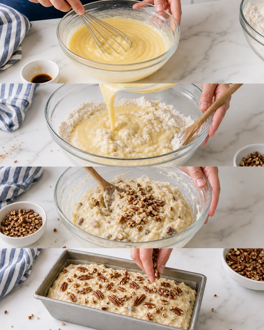 Multi-panel collage showing batter being whisked, folded with flour, and topped with pecans in a loaf pan.