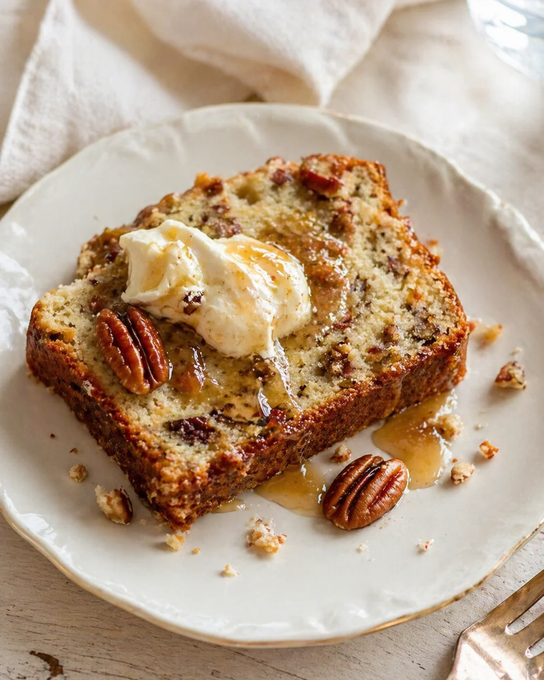 Slice of banana bread with pecans, topped with vanilla ice cream and caramel on a white plate.