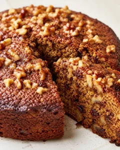 Close-up of walnut-topped banana cake with a slice removed, showing dense crumb.